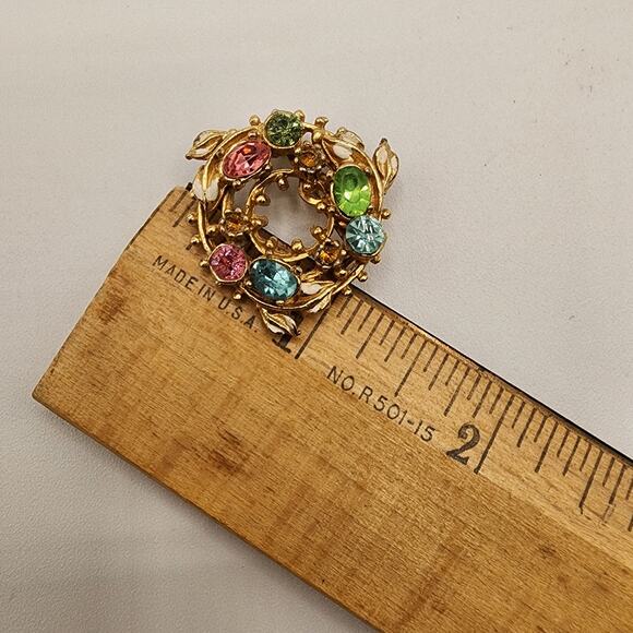 Vintage Wreath Scatter Pin White Enamel Leaves Pastel Rhinestones Mid-Century - Picture 4 of 5